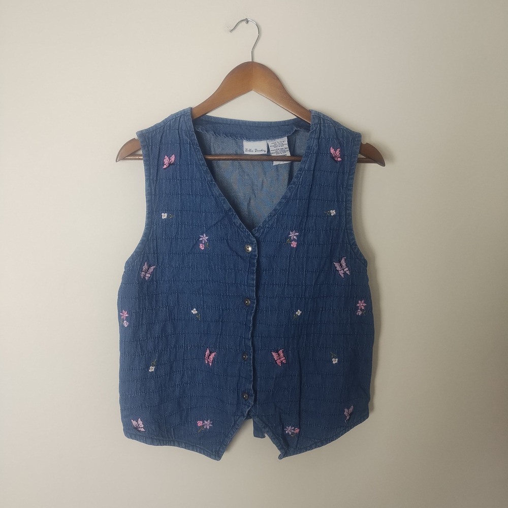 Vintage Bobbie Brooks Denim Embroidered Vest Women's S Butterfly Floral Cottage